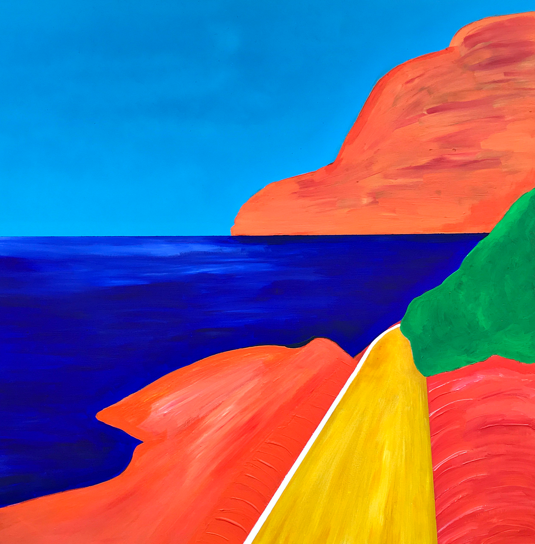 Semi-Abstract painting of Capri, Italy showing the sea and landscape with red, yellow, green, and blue colors.