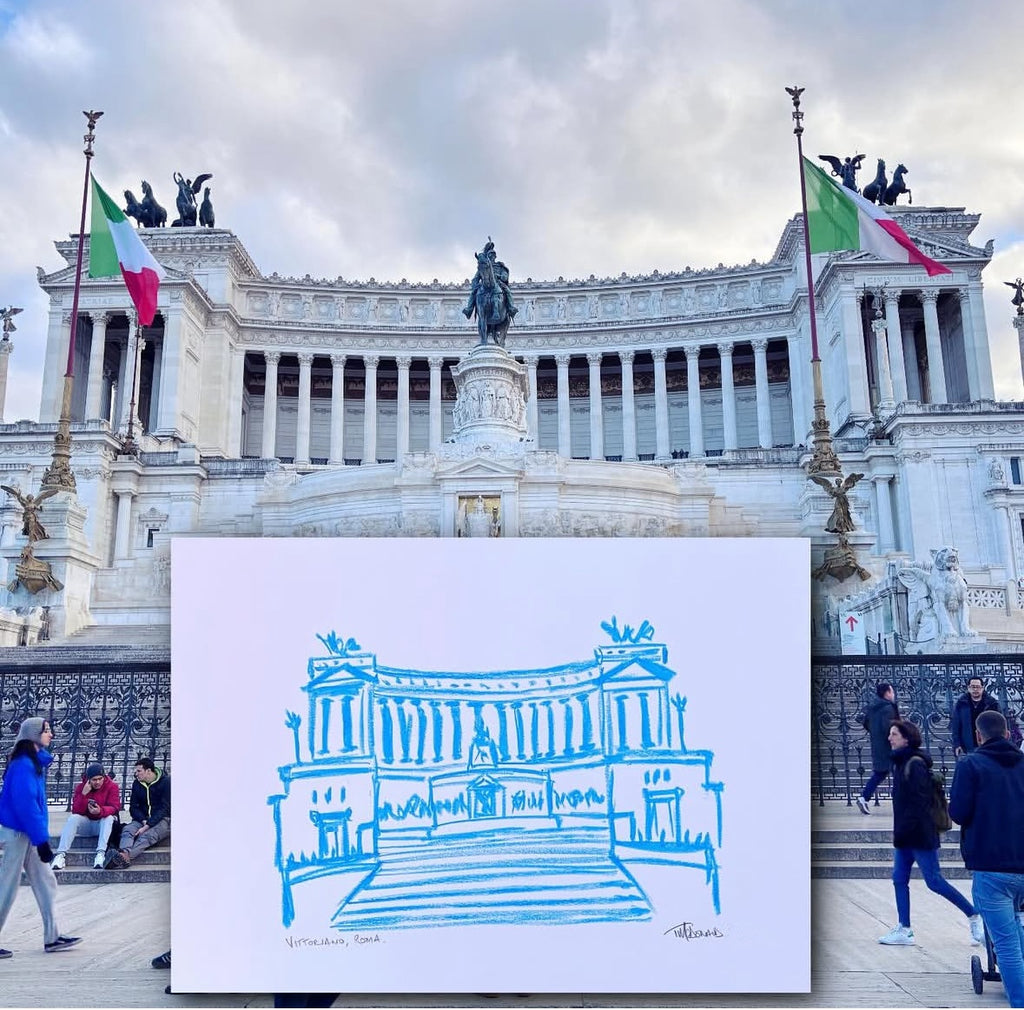 vittoriano monument to Vittorio Emanuele II in Rome original unique oil pastel artwork drawing by artist TEDDY McDONALD italy blue