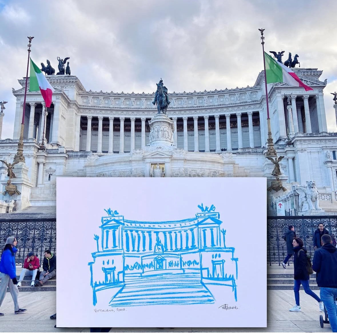 vittoriano monument to Vittorio Emanuele II in Rome original unique oil pastel artwork drawing by artist TEDDY McDONALD italy blue