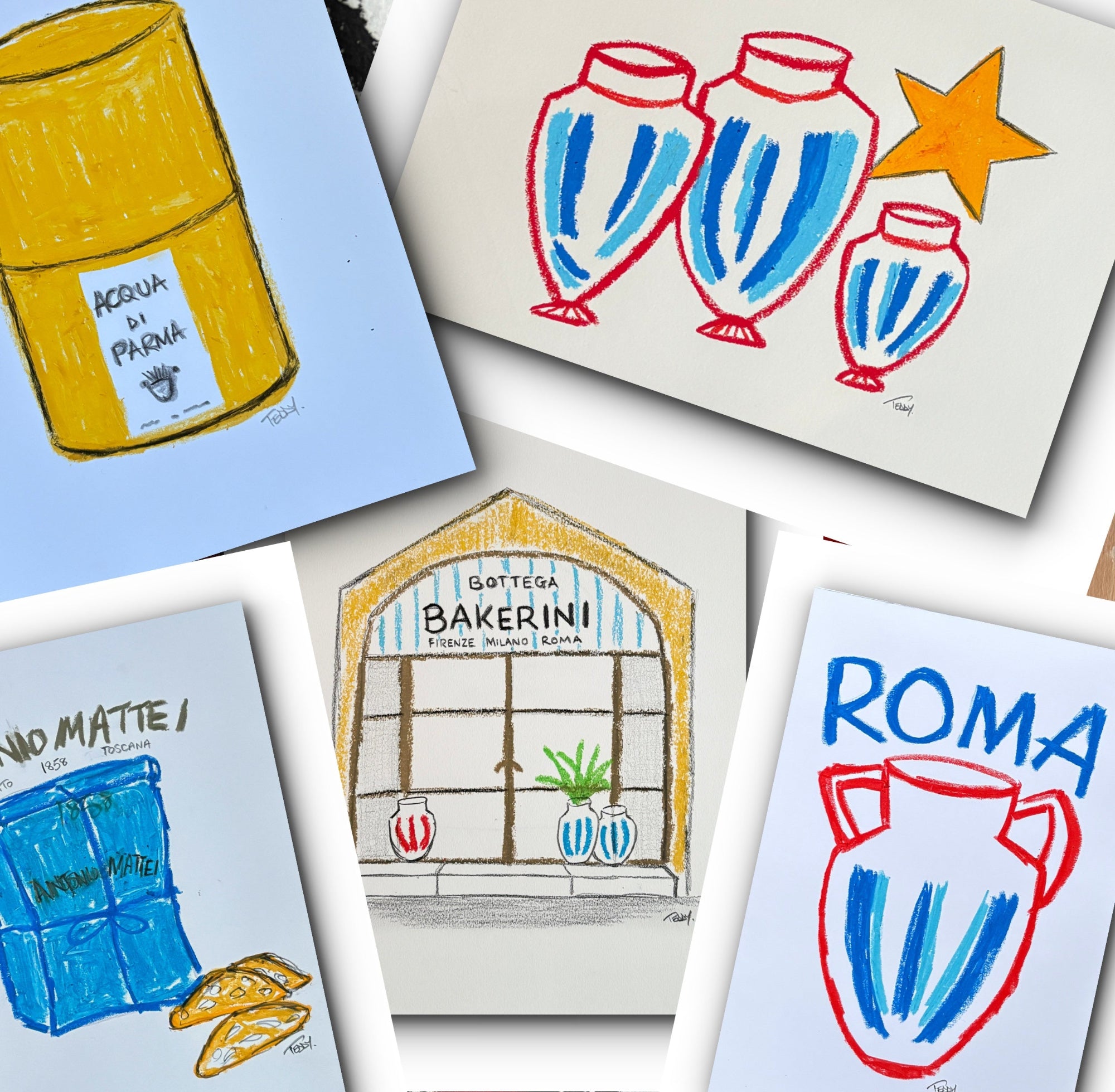 oil pastel works on paper Italian theme artist teddy mcdonald