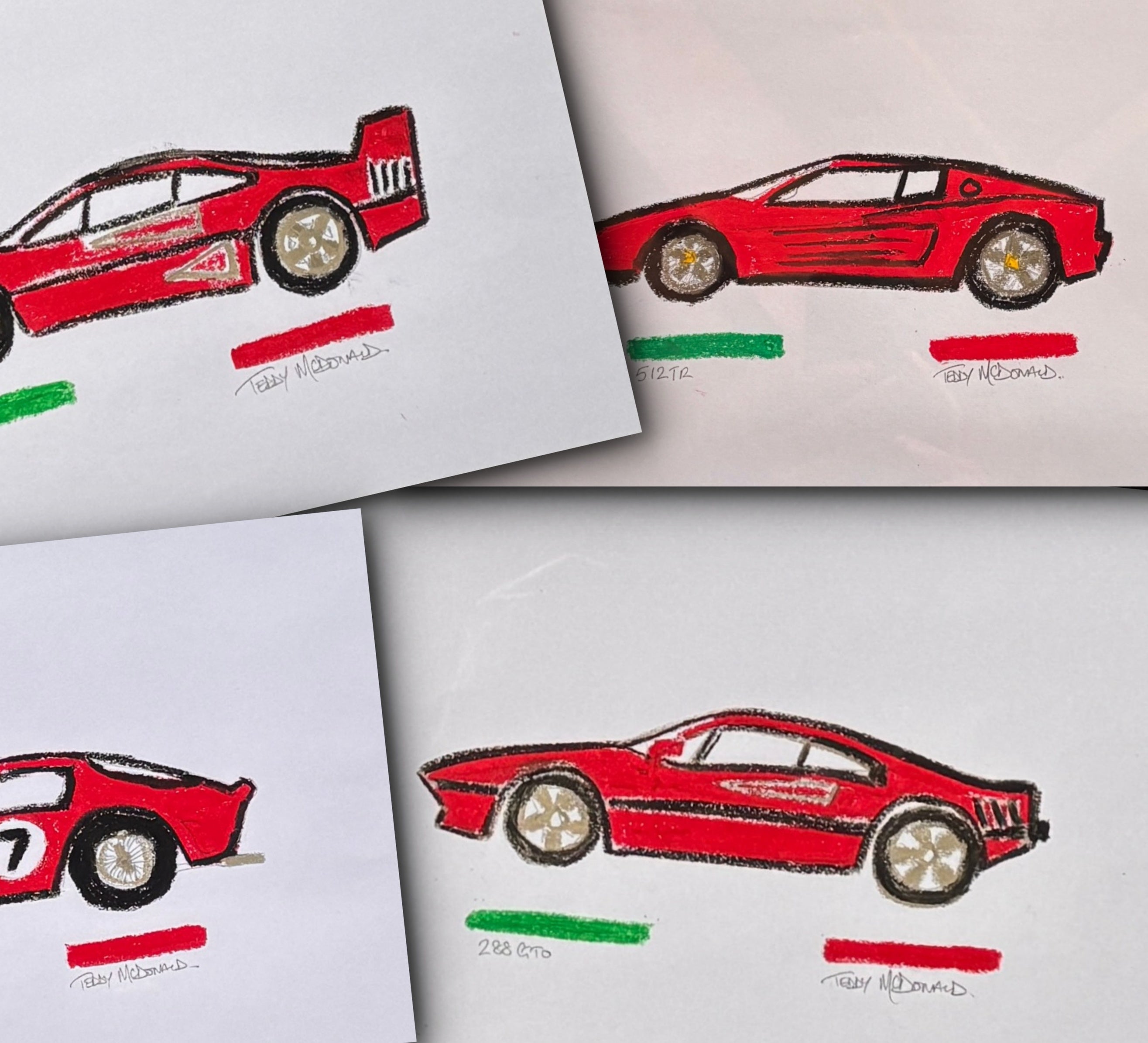 Ferrari art drawings by artist TEDDY McDONALD F40 Testarossa 250 GTO 288 GTO