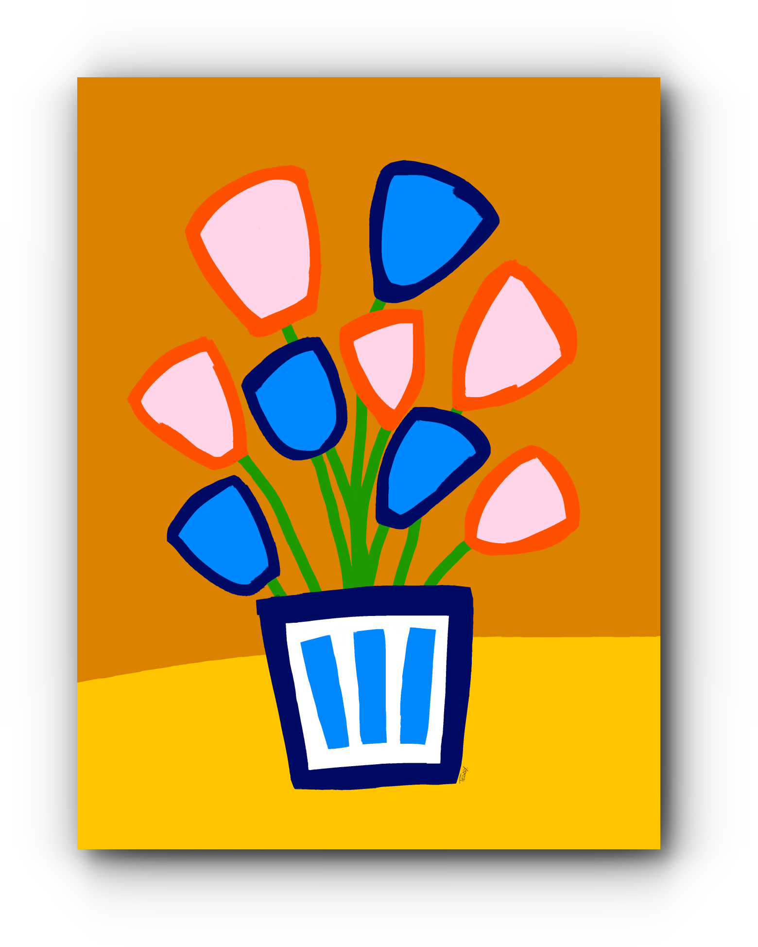 Pink & Blue Flowers on Ochre - Open Edition A2 Fine Art Print