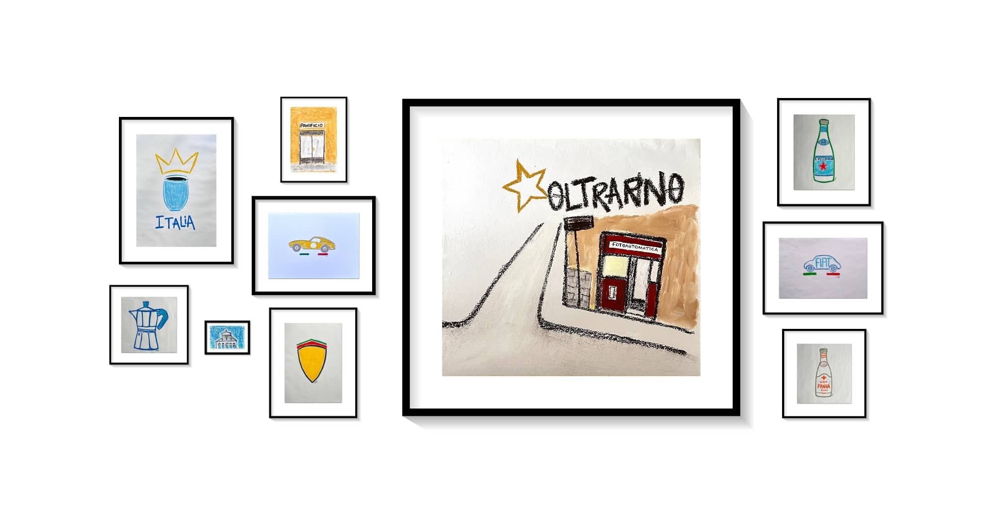 collection of italian themed and inspired unique artworks drawings paintings by artist Teddy McDonald Oltrarno florence, fiat Turin, ferrari, moka coffee san pellgrino acqua panna 